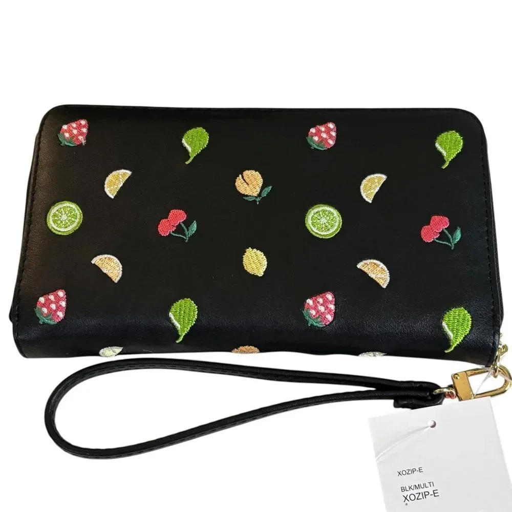Betsey Johnson Fruit Embroidered Black Zip-Around Wristlet w/ Detachable Strap.